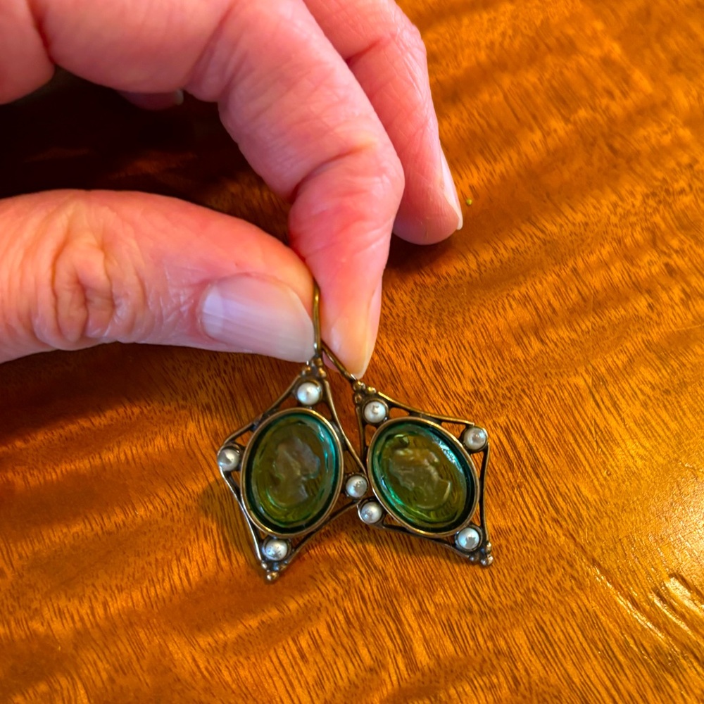 Green Cameo Glass and Pearl Earrings